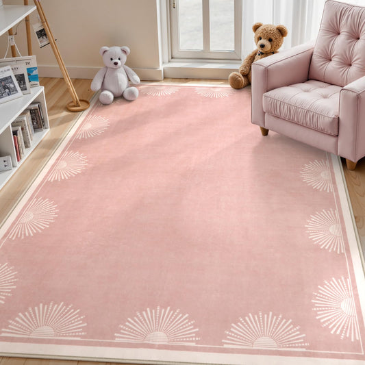 Hedlive Modern 5x7 Pink Area Rugs for Bedroom Girls, Ultra Thin Washable Nursery Rug for Kids Room, Soft Sun Print Toddler Room Rug,Boho Non Shedding Baby Carpets for Classroom Dorm Girls Decor