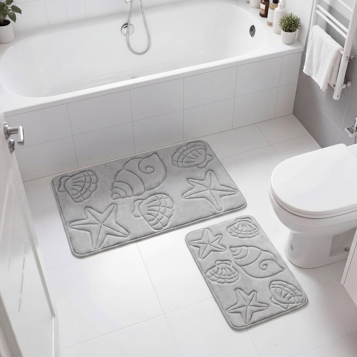 Tinideya Set of 2 Memory Foam Shell Starfish Bath Rugs Sets Ocean Beach Bathroom Mat Soft Absorbent Non Slip Floor Carpet for Coastal Bedroom Living Room Kitchen Entryway Indoor Decorations
