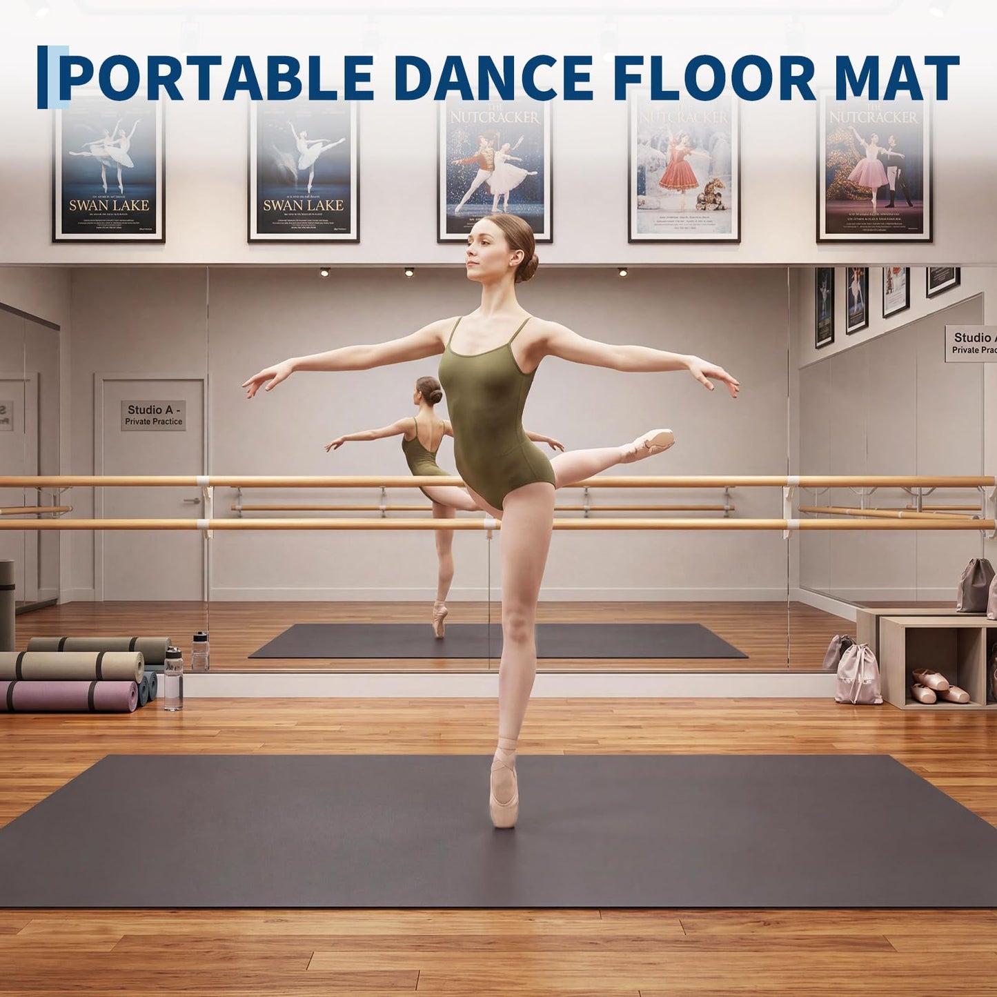 ActiveTrail Dance Floor Mat 4 x 6ft,Non-Slip Portable Dance Floor for Ballet,Jazz, Pop,5 mm Thick PVC Marley Dance Flooring Practice Floor Mat with Storage Bag,Black