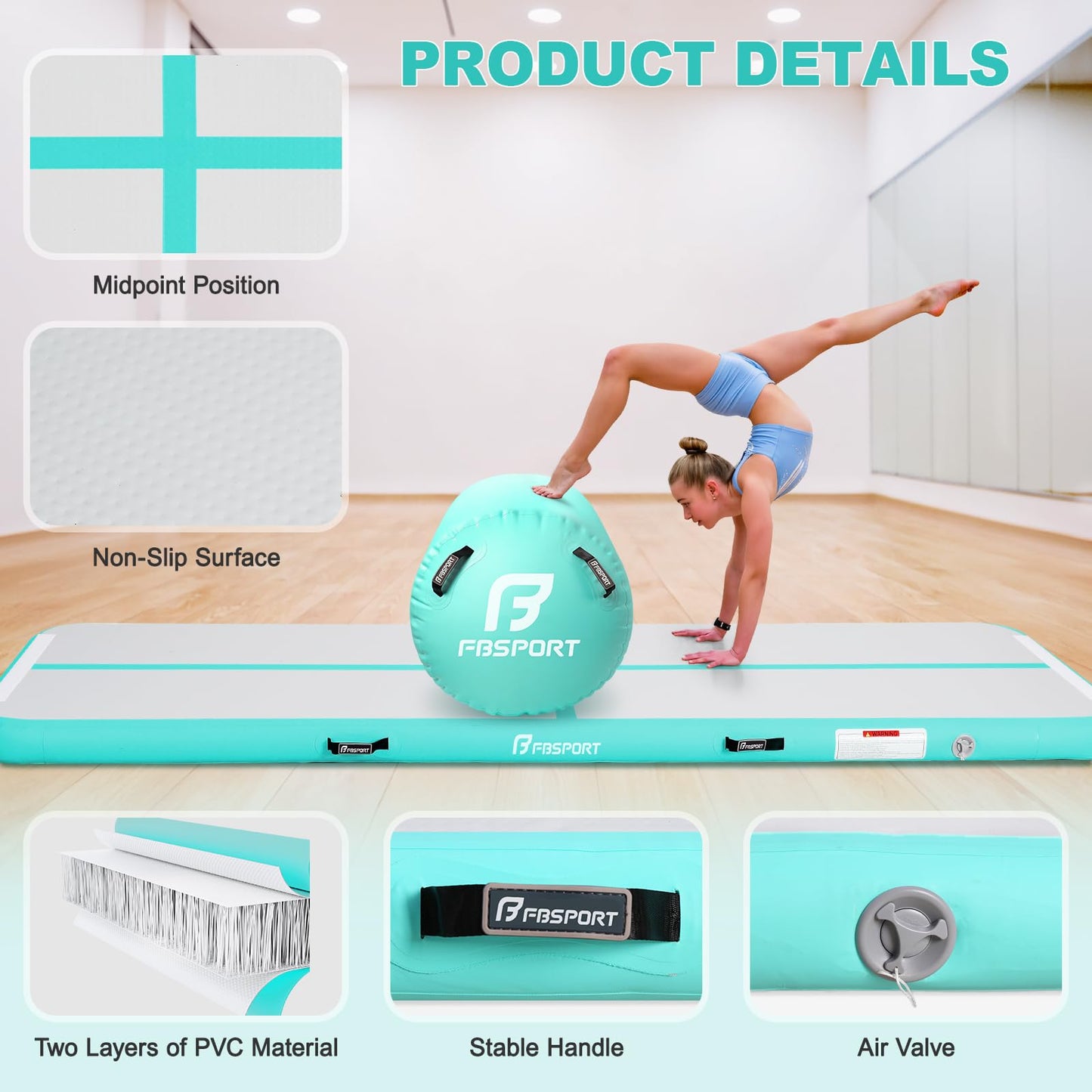 FBSPORT Inflatable Air Gymnastics Mat 4 inches Thickness and Air Roller 40x23.6 inches with Electric Air Pump 10ft Training Mats for Home Use Cheerleading Outdoor Training Park Yoga Beach Water(Green)