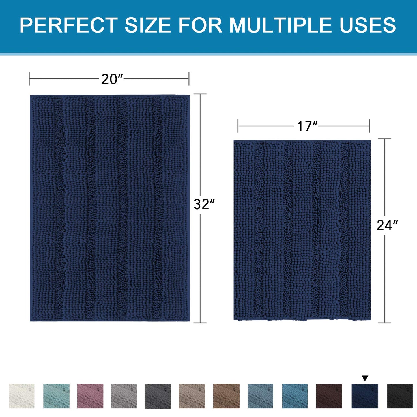 H.VERSAILTEX Navy Blue Bathroom Rugs 2 Piece, Bath Mat Set Slip-Resistant Extra Absorbent Soft and Fluffy Striped Chenille Bath Rugs, Floor Mats Dry Fast Machine Washable (20" x 32"/17" x 24")