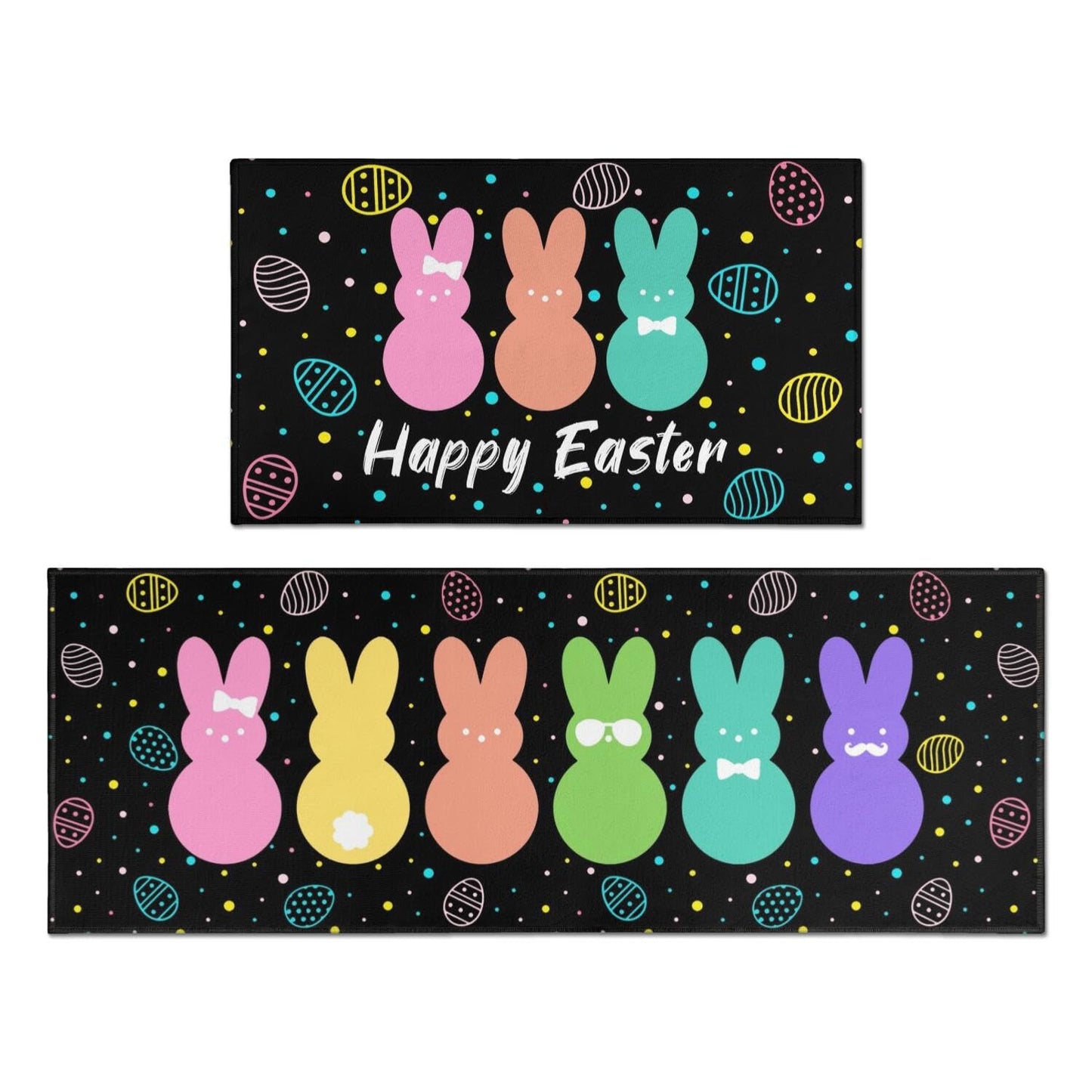 Qeenking Cute Easter Rabbit Farmhouse Kitchen Rugs Sets of 2, Black Bunny Washable Anti Fatigue Runner Mats for Floor, Non Slip Holiday Decor Mat for Sink, Laundry, Office 17"x 47"+17"x 30"