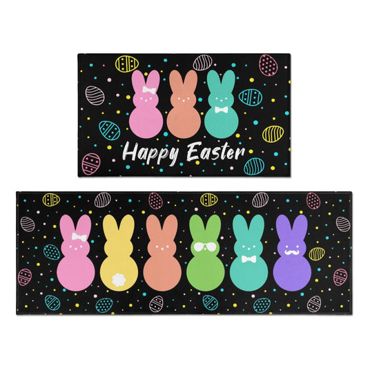 Qeenking Cute Easter Rabbit Farmhouse Kitchen Rugs Sets of 2, Black Bunny Washable Anti Fatigue Runner Mats for Floor, Non Slip Holiday Decor Mat for Sink, Laundry, Office 17"x 47"+17"x 30"