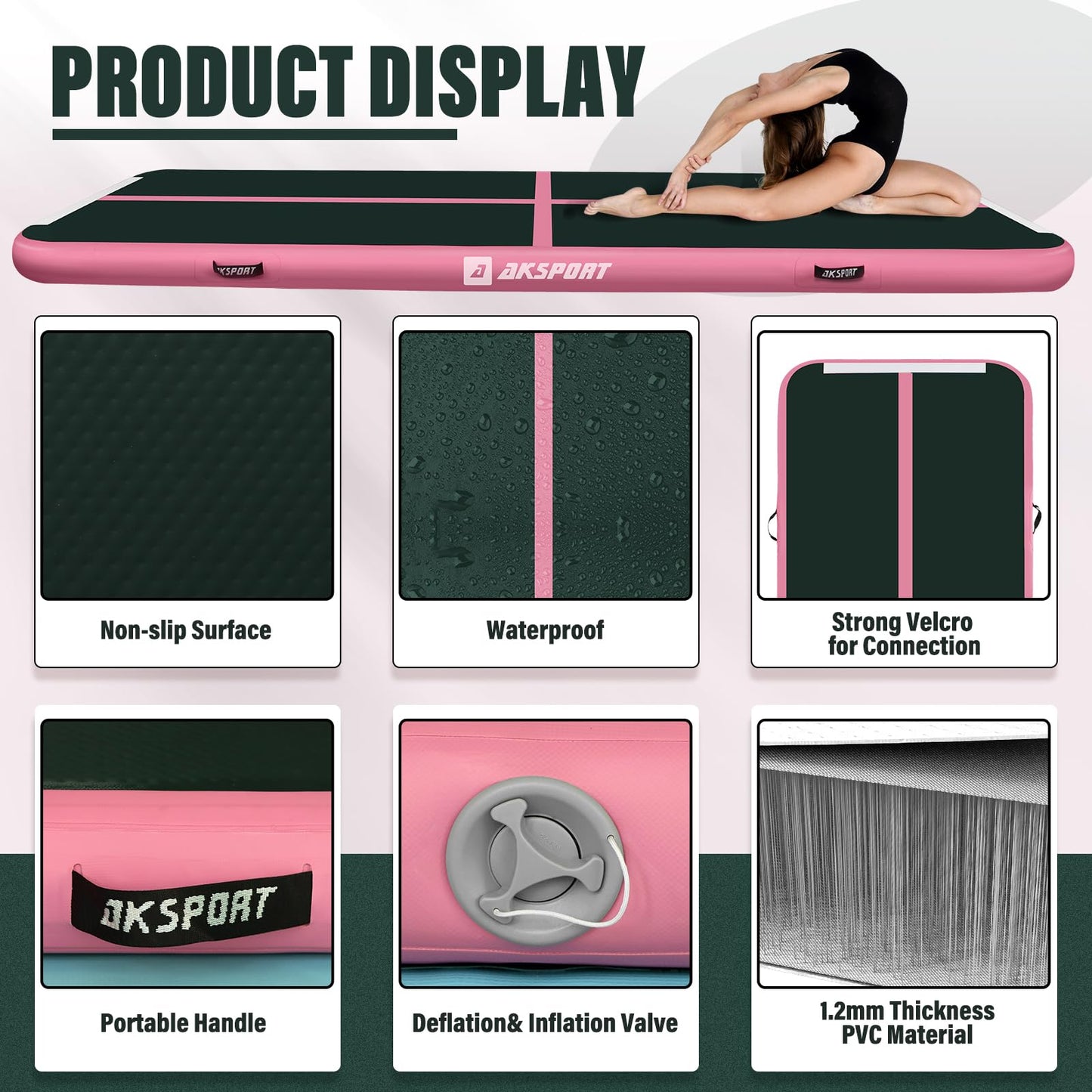 AKSPORT Inflatable Gymnatsics Mat Tumble Track 10ft 13ft 16ft 20ft 23ft Air Tumbling Mat with Air Pump for Home Use/Training/Cheerleading/Yoga