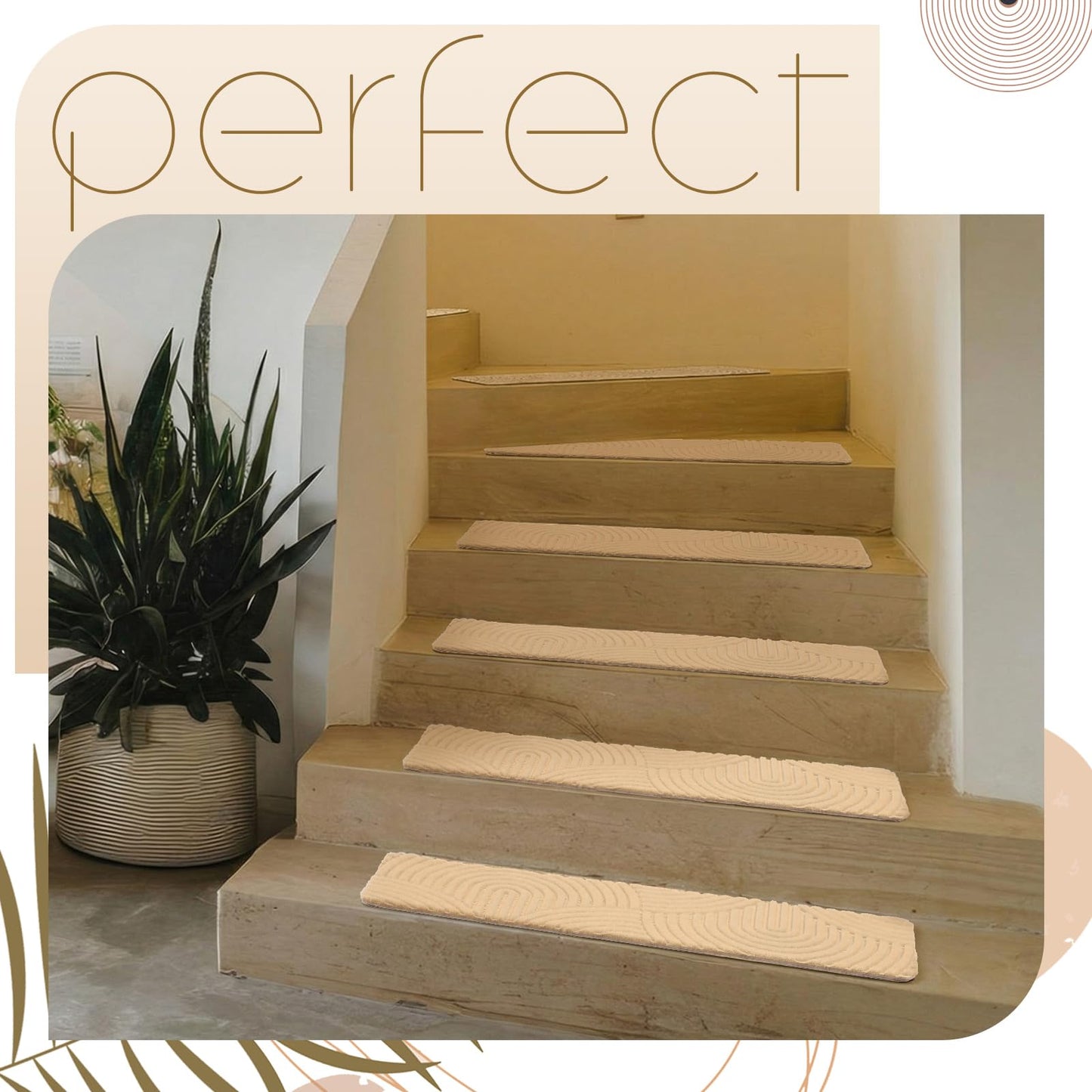Dunzy 15 Pcs Boho Stair Treads for Wooden Steps Indoor 8" x 30" Non-Slip Carpet Stair Treads, Washable Adhesive Runner Rugs, 3D Peel and Stick, for Elders and Dogs, Pets, Khaki
