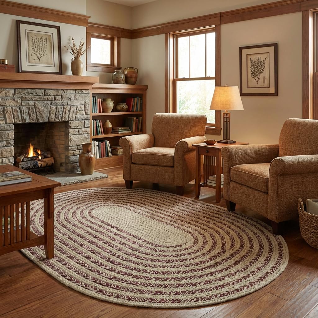 Cotton Braided Rug - 5' x 7' Beige and Burgundy Oval Woven Farmhouse Rug for Living Room - Braided Minimalist Rugs for Bedroom - Rustic Primitive Rugs for Dining Room