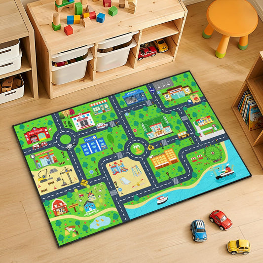 Road Rug for Kids 2×3 Ft - Car Track Road Map Play Mat, City Traffic Learning Carpet, Smooth Low-Pile with TPR Non-Slip Backing for Playroom