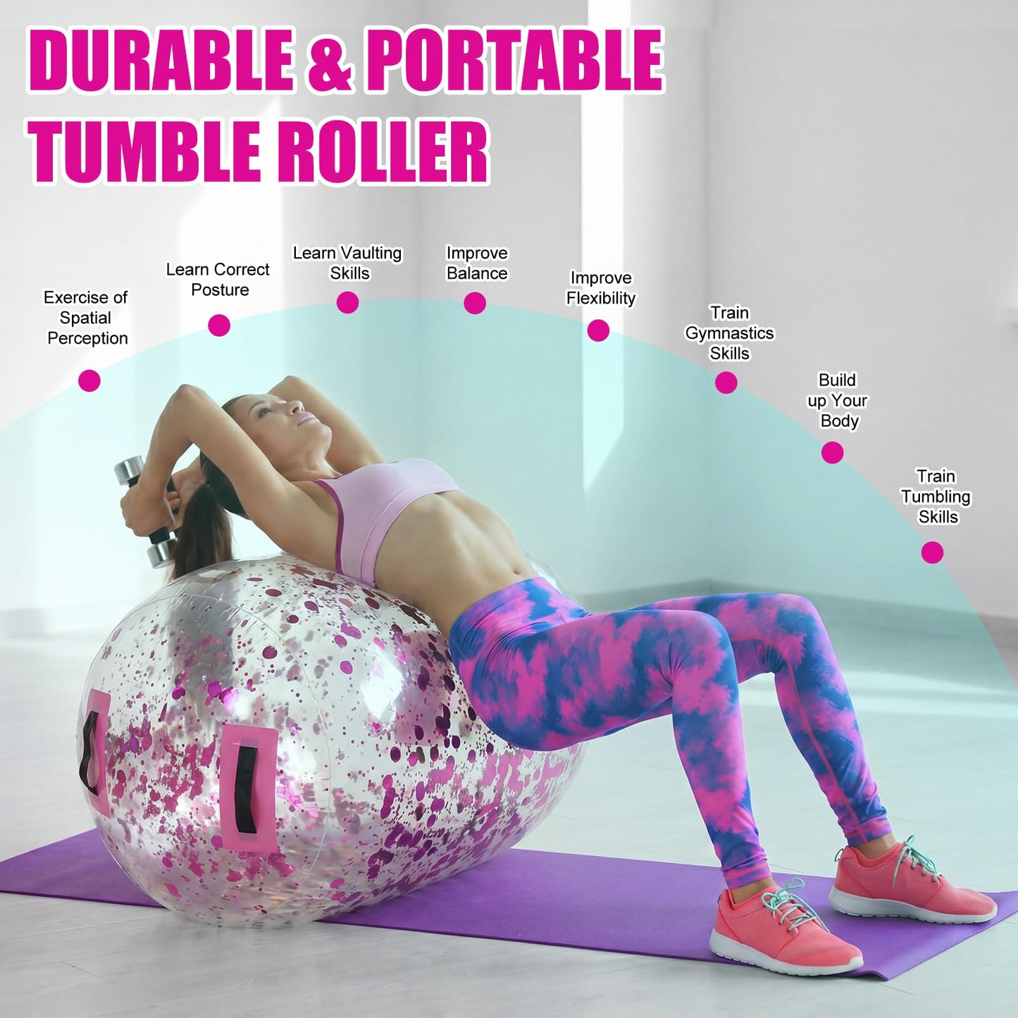 Gemscream Gymnastics Barrel Inflatable Air Roller Mat 40" x 24" Glitter Tumbling Air Barrel Gymnastic Cylinder Tumble Equipment for Back Handspring Trainer Cheerleading Yoga Home Use(Glitter Pink)
