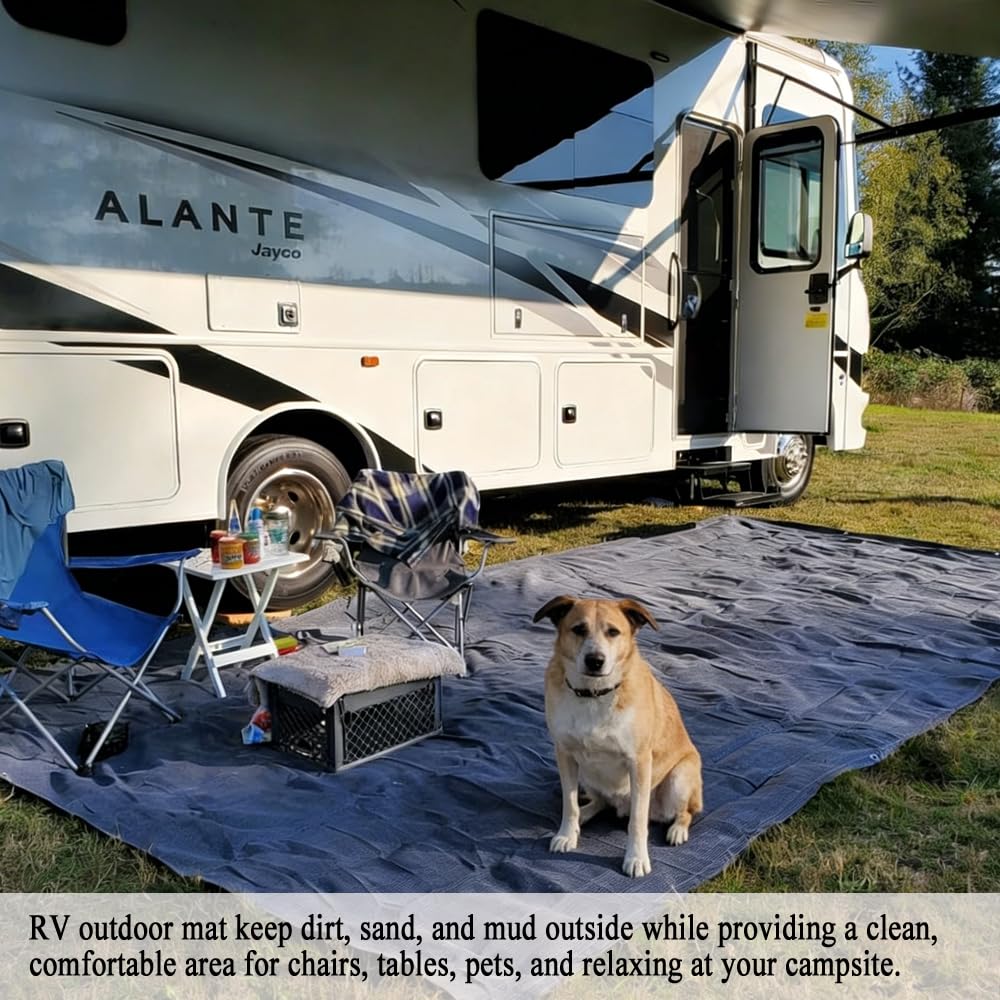 JUNKOGO RV Outdoor Mat 10x20 FT, Reversible RV Patio Rug, Blue-Gray, 240GSM Breathable Camping Mat for Camper, Motorhome, Trailer, Picnic, Beach, Backyard