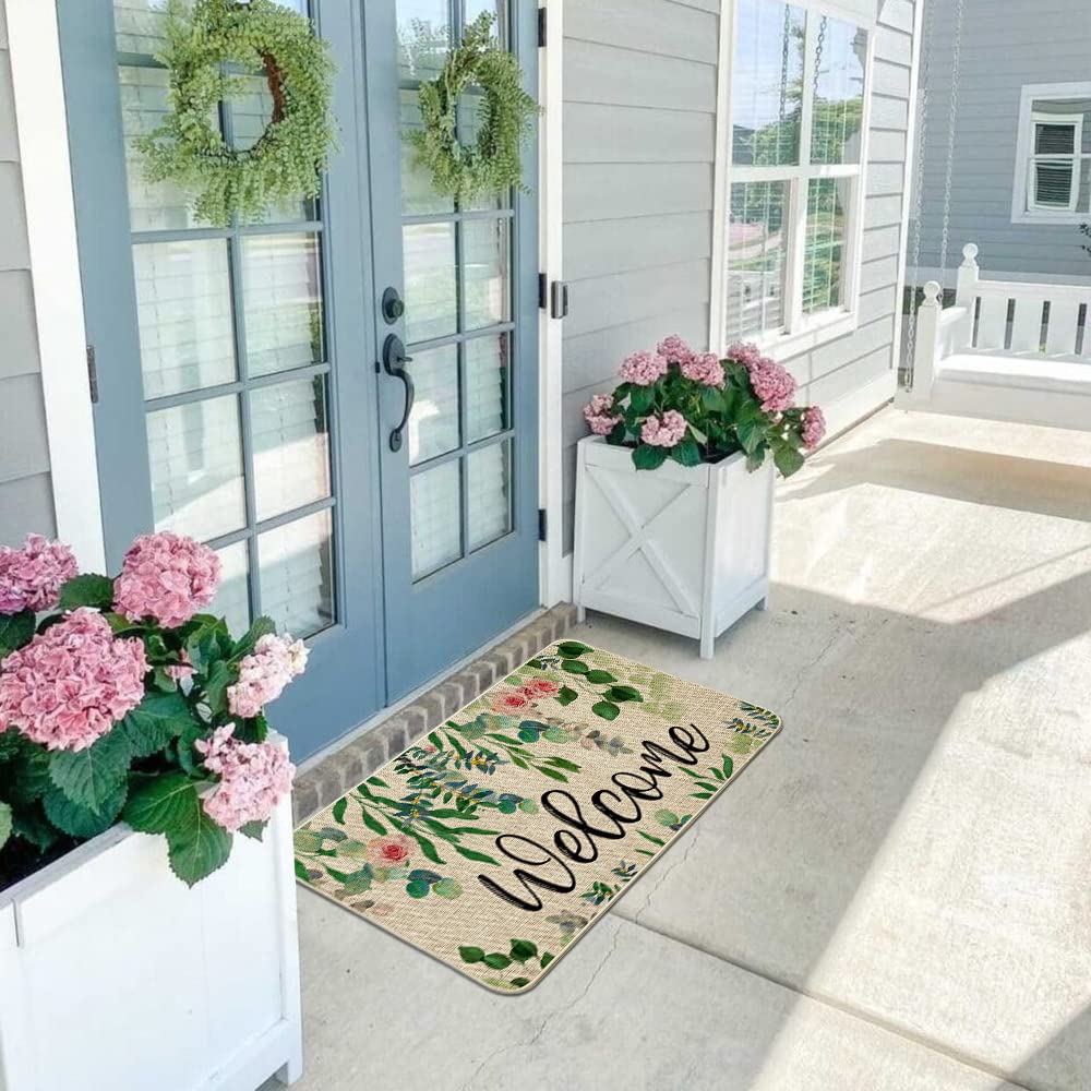 ORTIGIA Welcome Doormat Summer Eucalyptus Leaves Floral Doormat Outdoor Outside Indoor Entrance Mat Non-Slip Durable Absorbent Easy Clean Entryway 17x29 Inch