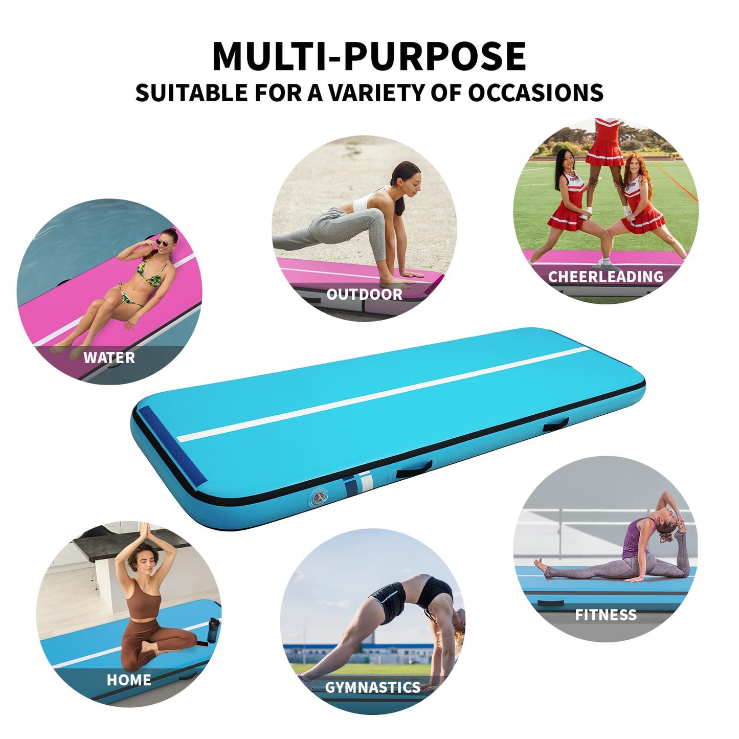 Inflatable Gymnastics Mat Tumble Track (8 Inches Thick) - 10ft Air Floor Training Mats for Home Use, Cheerleading, Water Fun & Camping - Includes 500W Electric Pump & Carbon Pattern Design, Blue