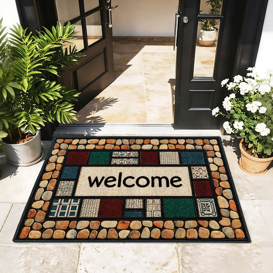 Needa One Welcome Mat Outdoor Indoor 17 x 29 Inch Mosaic Stone Door Mat Non Slip Low Profile Doormat for Front Door Porch Patio Entryway Decor