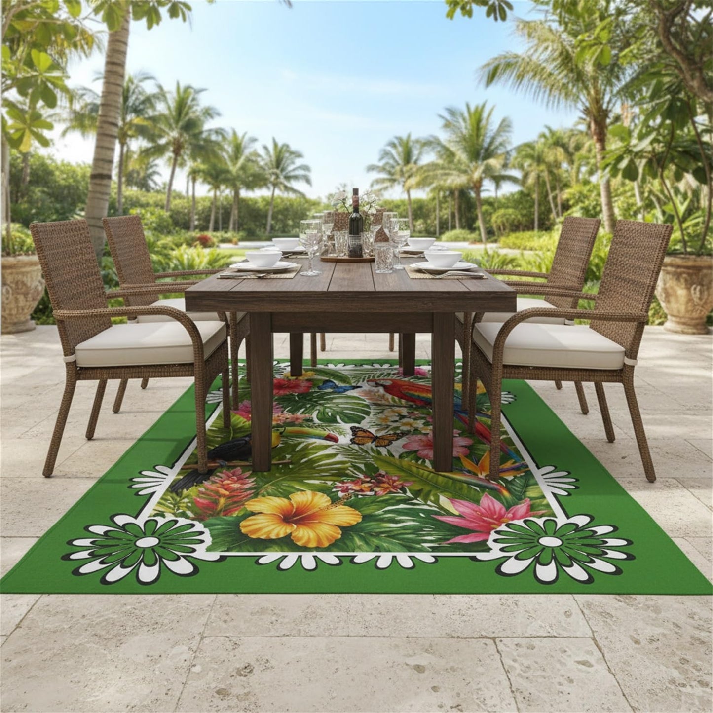3D Waterproof Outdoor Area Rug 4x6 Tropical Floral Animal Print Green Pink Red Rugs for Porch Patio Deck Garden Rustic Jungle Outside Carpet Non Slip Thin Quick Dry Washable Floor Mats Throw Rugs
