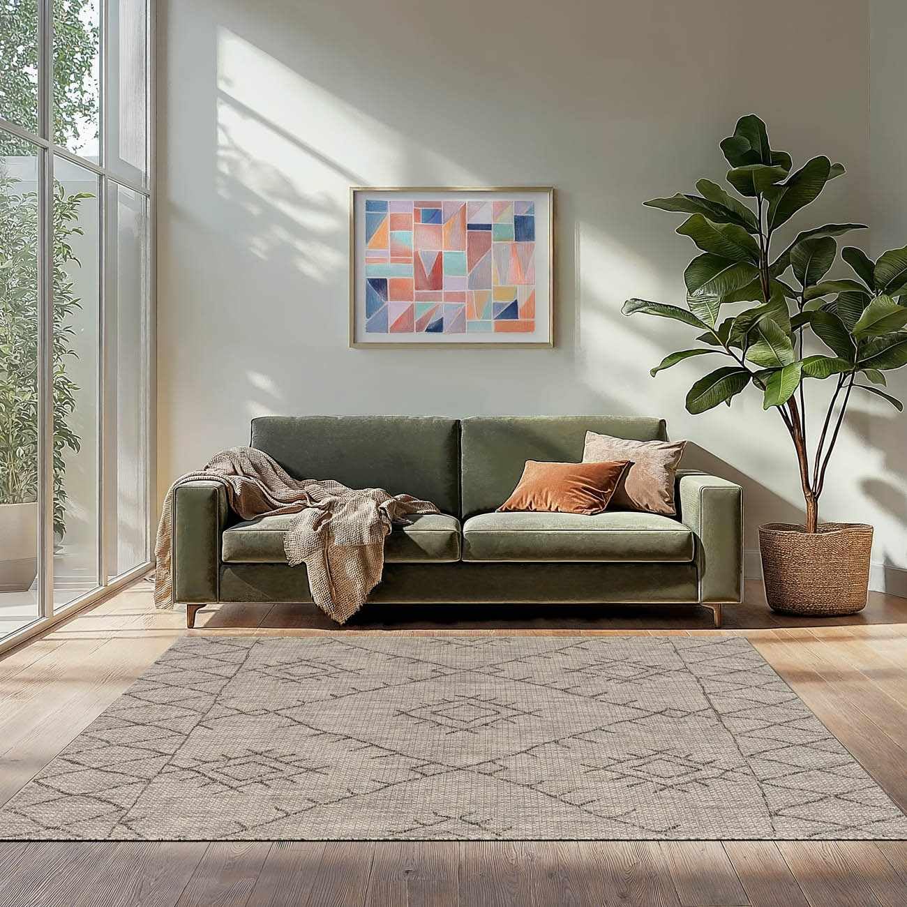 BoutiqueRugs Indoor/Outdoor Black Diamond 12ft Runner Rug Bohemian Taupe White Charcoal Tribal Trellis Marwood Hallway Kitchen Corridor Stairway Laundry Room 2'7" x 12' Stain Resistant Non-Shedding