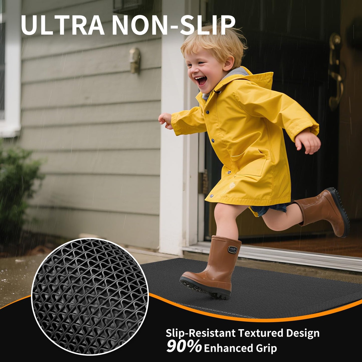 QiCaiJia Front Door Mat 24''x71'', Drainage Heavy Duty Dirt Trapping Non-Slip Doormats, Outdoor Rubber Floor Mats, Restaurant Commercial Kitchen Industral Pool Entrance Bar Wet Area, Black