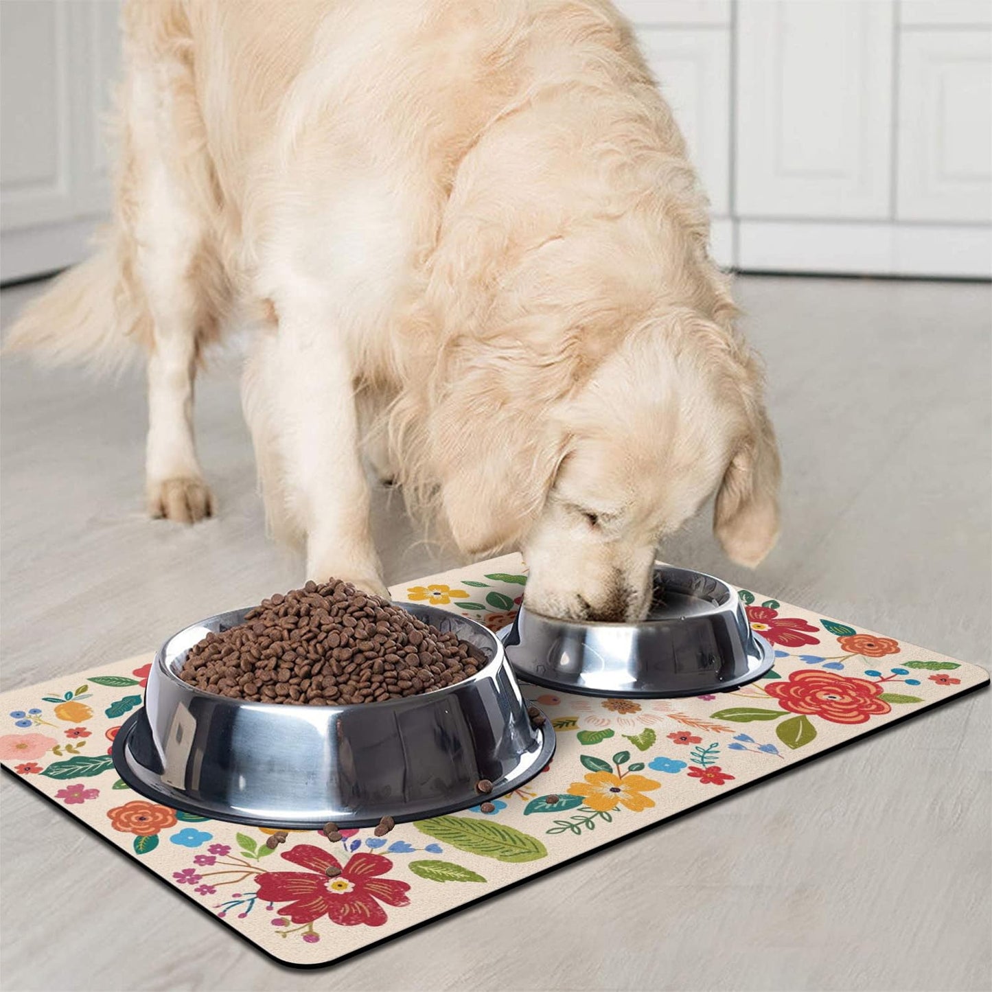 Dog Food Mat for Floors, Absorbent and Quick-Drying Pet Cat Food Mat,Anti-Fouling and Easy-to-Clean Pet Feeding Mat,Dog Bowl Mats for Messy Drinking Water Bowls.17x27inch Floral White
