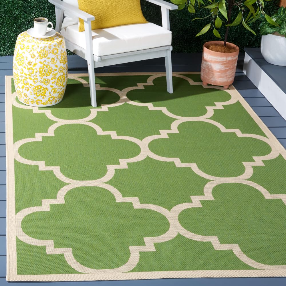 SAFAVIEH Washable Rug Outdoor Courtyard Collection - 4' x 5'7", Green & Beige, Non-Shedding & Easy Cleaning, Ideal for Patio, Backyard, Mudroom (CY6243-244)