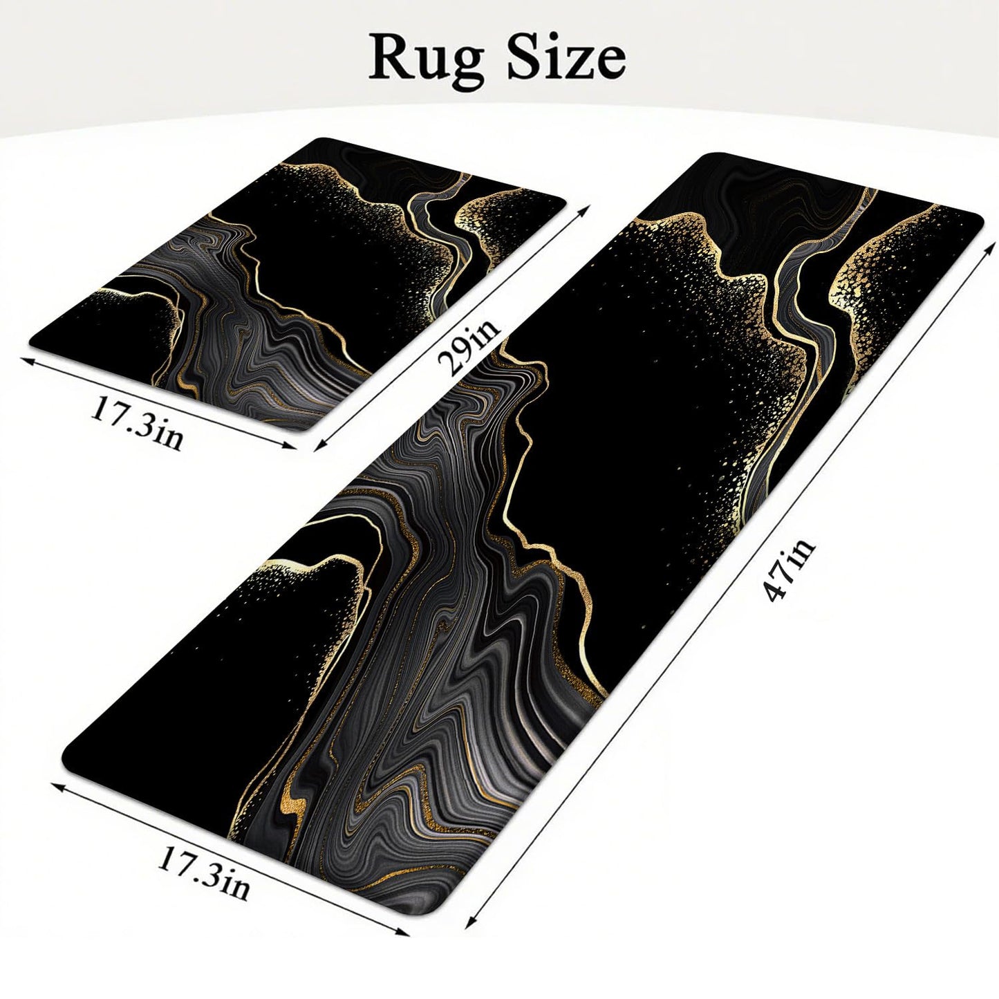 Azppsad Kitchen Mats Set of 2, Cushioned Anti Fatigue Non Slip Waterproof Runner, Black and Gold Marble Design, PVC Memory Foam, 17.3"x47" and 17.3"x29" Rectangle Rugs for Kitchen Sink and Laundry