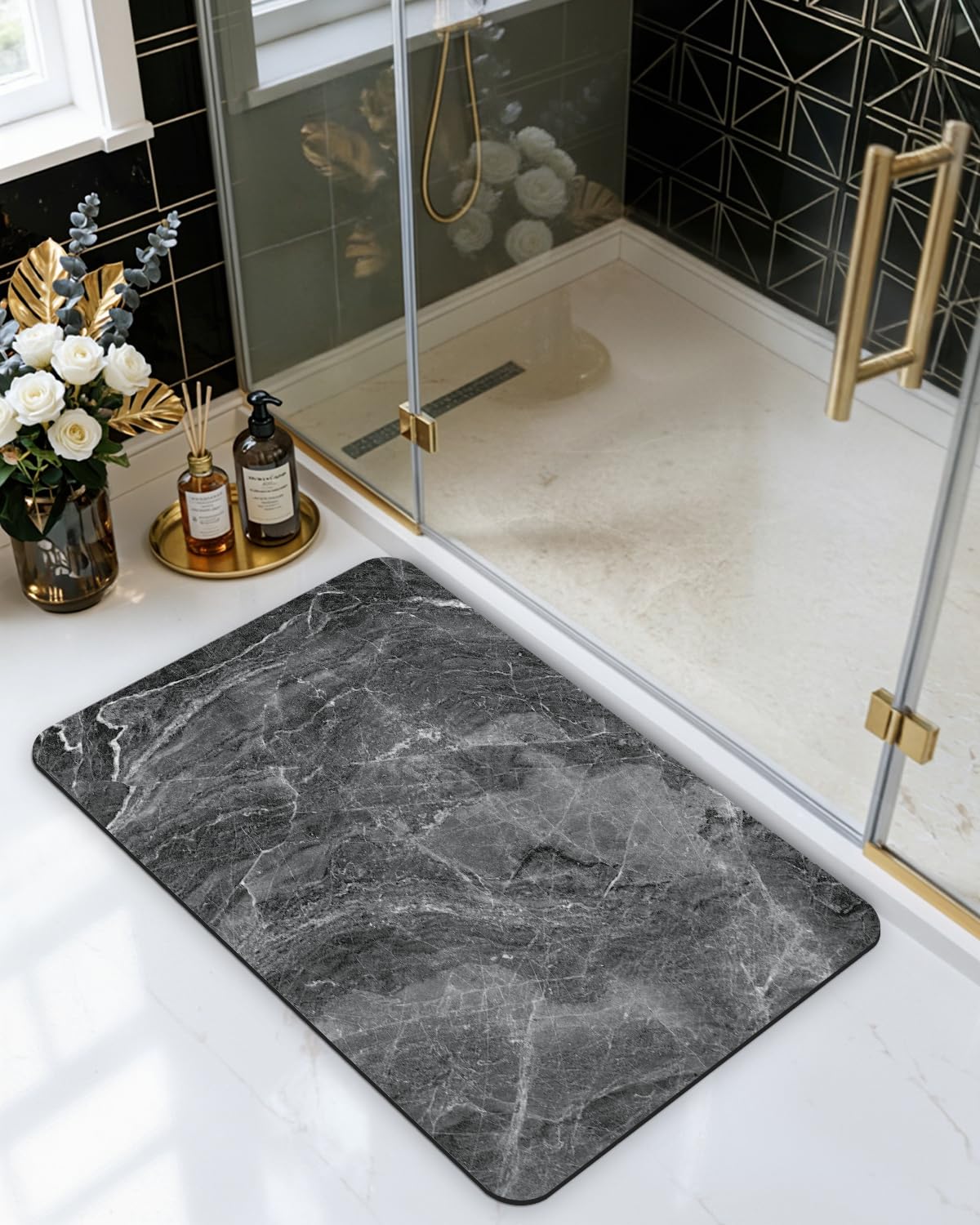 DEXI Bath Mat 36x24, Non Slip Quick Dry Rugs, Super Absorbent Ultra Thin Marble Bathmat, Washable Rubber Mats for Shower Floor, in Front of Bathtub, Sink, Bathroom Accessories Decor, Dark Grey