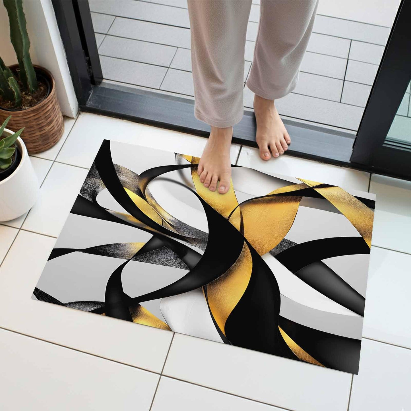 Door Mat, Modern Geometric Stripe Texture Front Door Mat Welcome Mats, Low-Profile Doormat for Bedroom Living Room, Abstract Gold Black White Line Absorbent Non-Slip Entryway Rug Floor Mats 16x24in