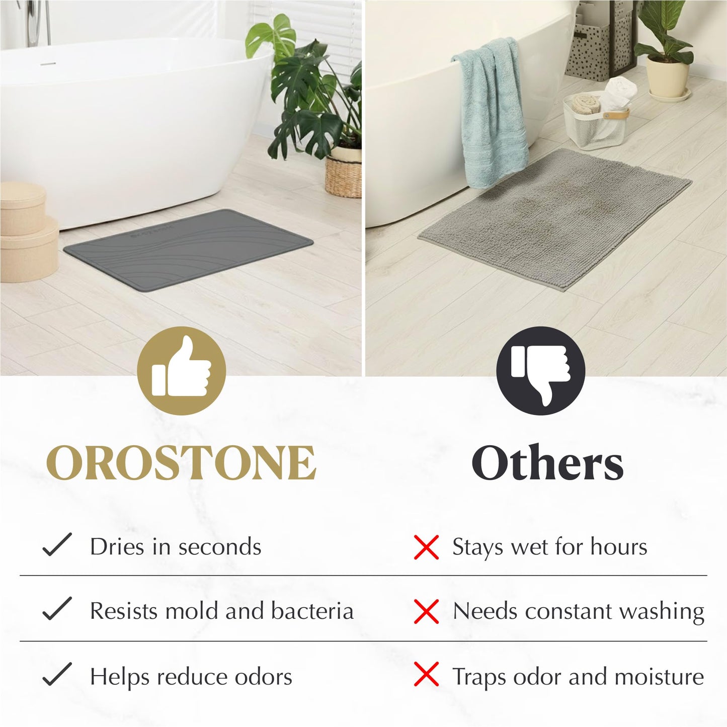 OROSTONE Stone Bath Mat – Diatomaceous Earth, Quick Dry & Super Absorbent, Non-Slip Base, Modern Minimalist Bathroom Mat, Luxury Shower Floor Mat for Bathroom (24x16”)
