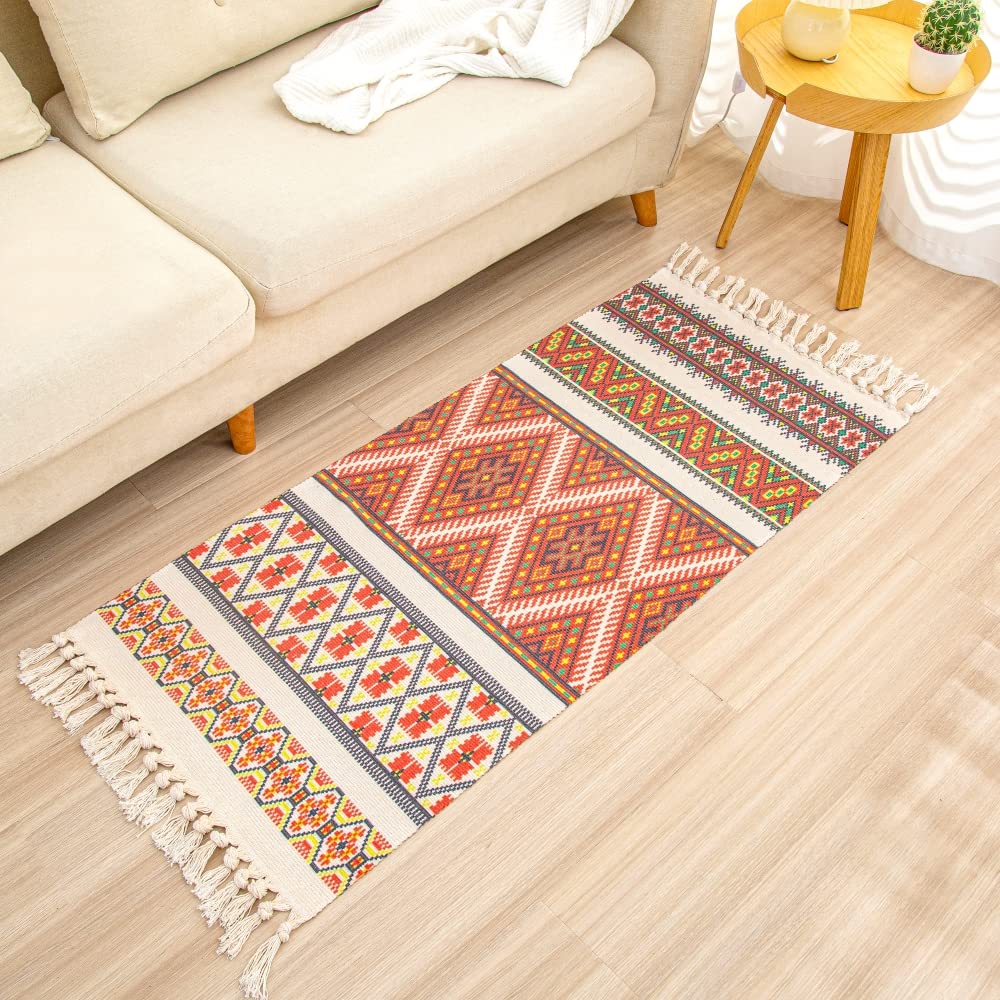 aoaoaoway Cotton Rug Soft and Handwoven Fringe Rectangular Cotton Rug Tapestry Boho Kitchen, Living Room (Orange, 51.2 * 23.6)