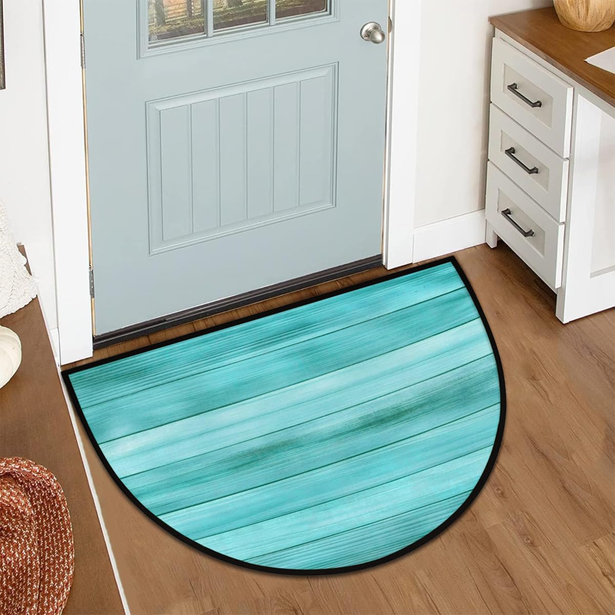 AUUXVA Half Round Door Mat Welcome Door Mats for Front Door Outdoor Indoor Entrance Half Circle Floor Mat for Home Kitchen Patio 36" x 24" (Turquoise Wooden)
