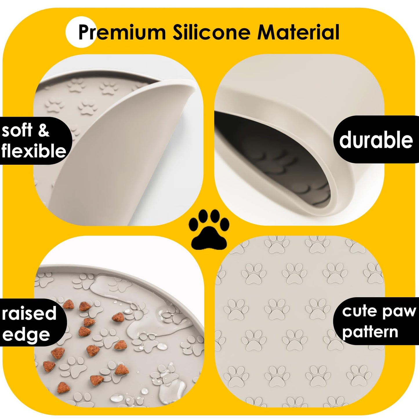 AVYDIIF Pet Feeding Mats for Food and Water, Waterproof Anti-Slip Placemats for Dog Cat Bowl, 1 Pack Silicone Pet Food Mat, Dishwasher Safe 10.9 × 10.9 (1 Beige, Small Paws)