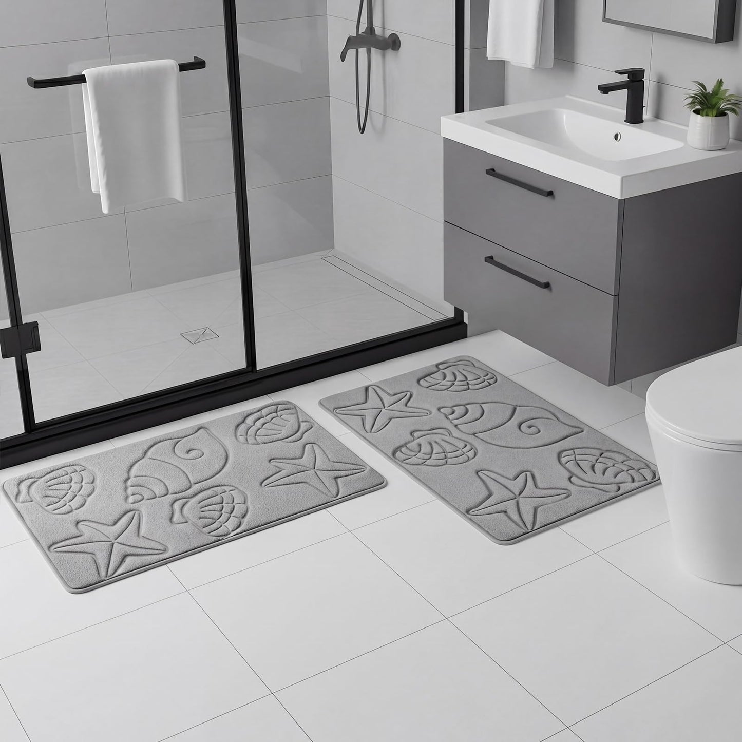 Tinideya Set of 2 Memory Foam Shell Starfish Bath Rugs Sets Ocean Beach Bathroom Mat Soft Absorbent Non Slip Floor Carpet for Coastal Bedroom Living Room Kitchen Entryway Indoor Decorations
