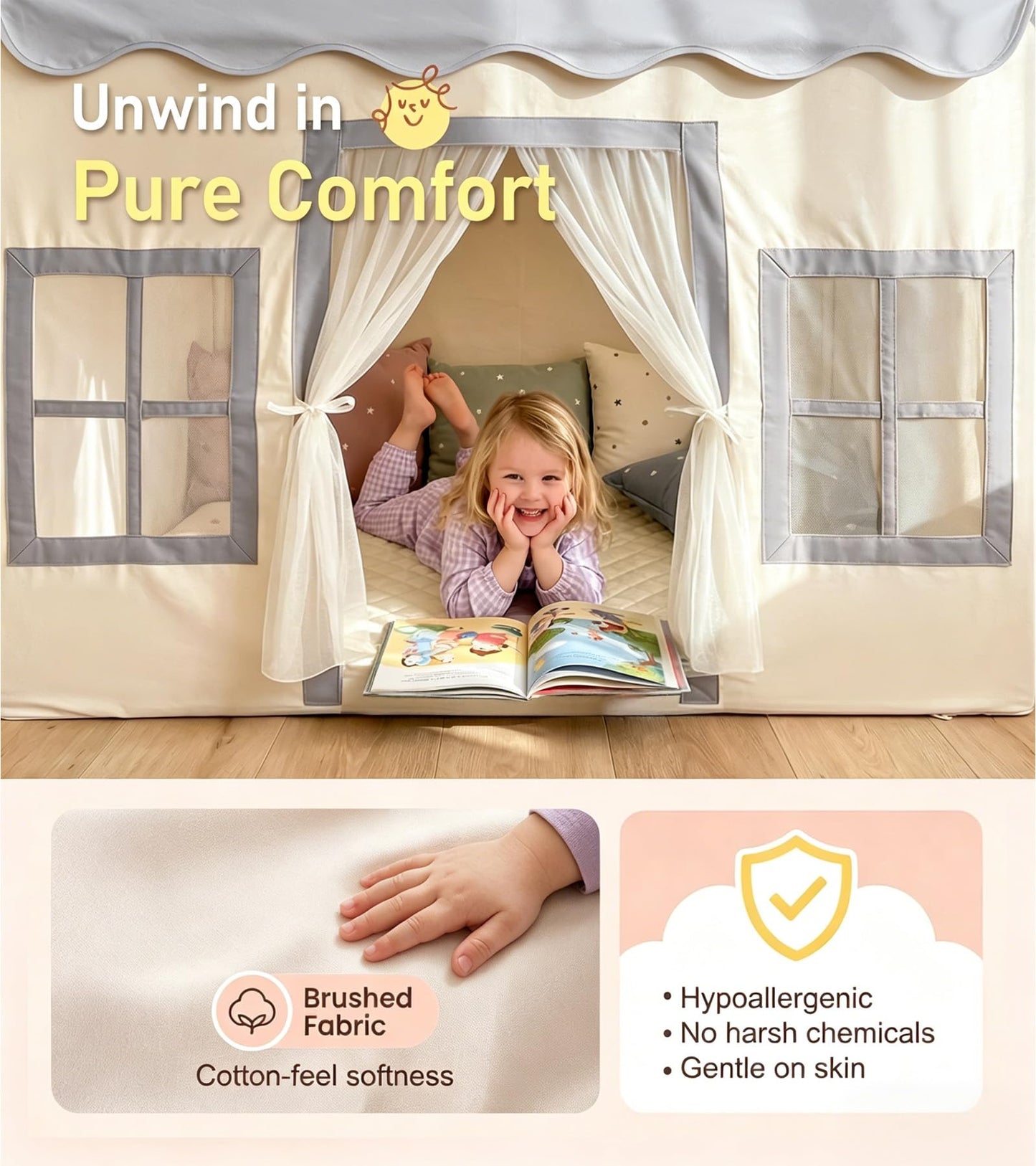 Large Kids Tent with Mat, Star Lights, Tissue Garland, Play Tents for Indoor & Outdoor Use, Kids Play Tent for Girl & Boy Aged 3+, 52" x 35" x 52" Playhouse with Windows, Washable, Grey