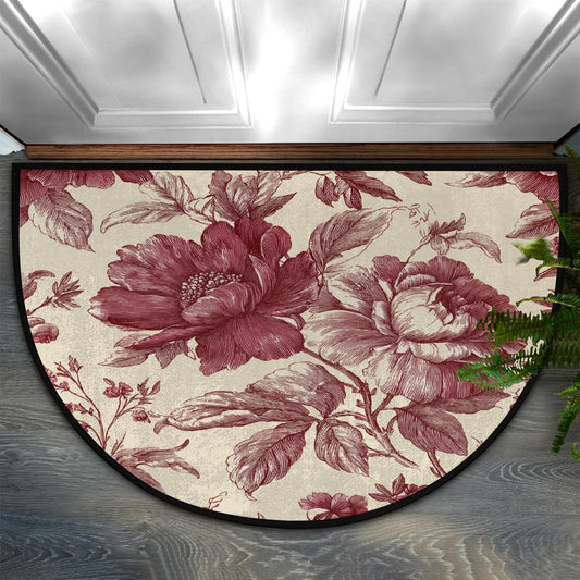Half Round Door Mat Soft Non Slip Semi Circle Bath Rug with TPR Backing,Burgundy Red Vintage Peony Floral Welcome Doormat Entryway Rugs for Front Door Living Room Bathroom,36x24IN