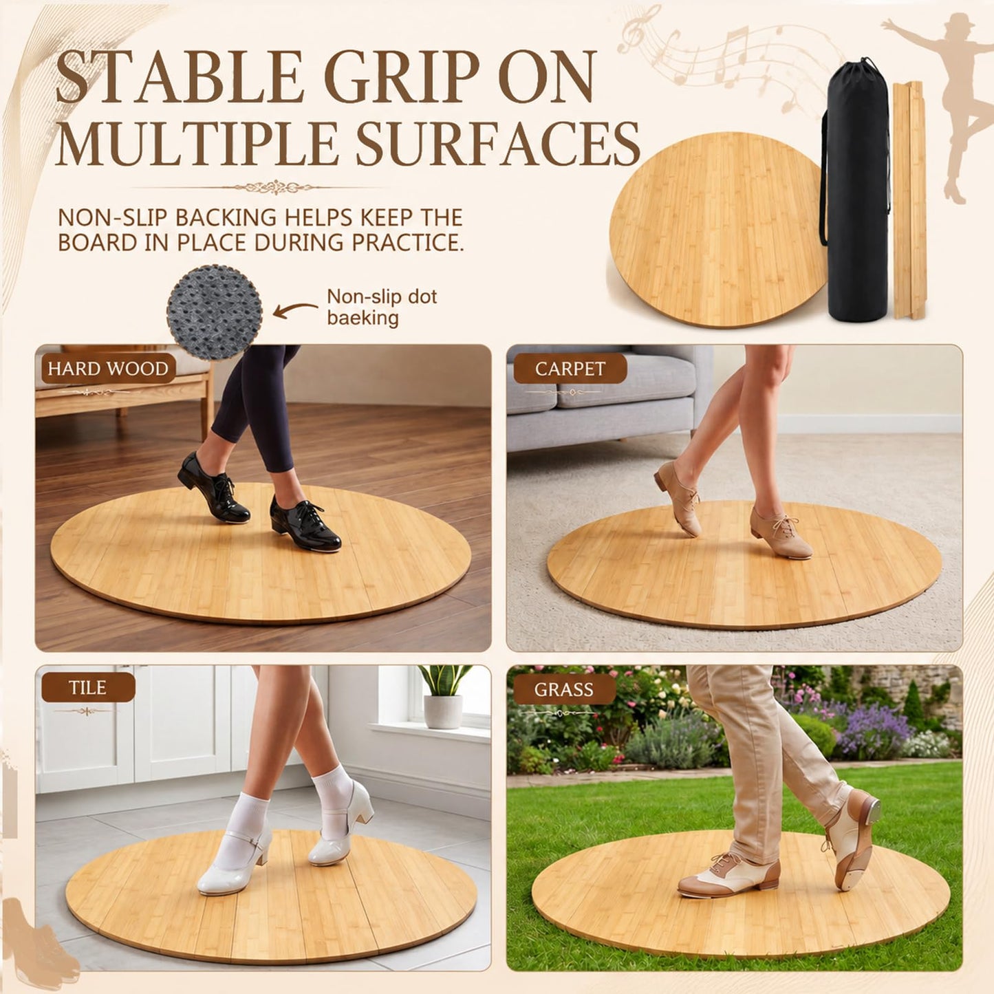 Teyva Daily Tap Dance Floor Portable Cushioned Tap Board 38.5 Inch for Turning Practice, Any Surface with Storage Bag, Solid Dance Board Mat, Cushioned Base Mat for Home, Studio & Events