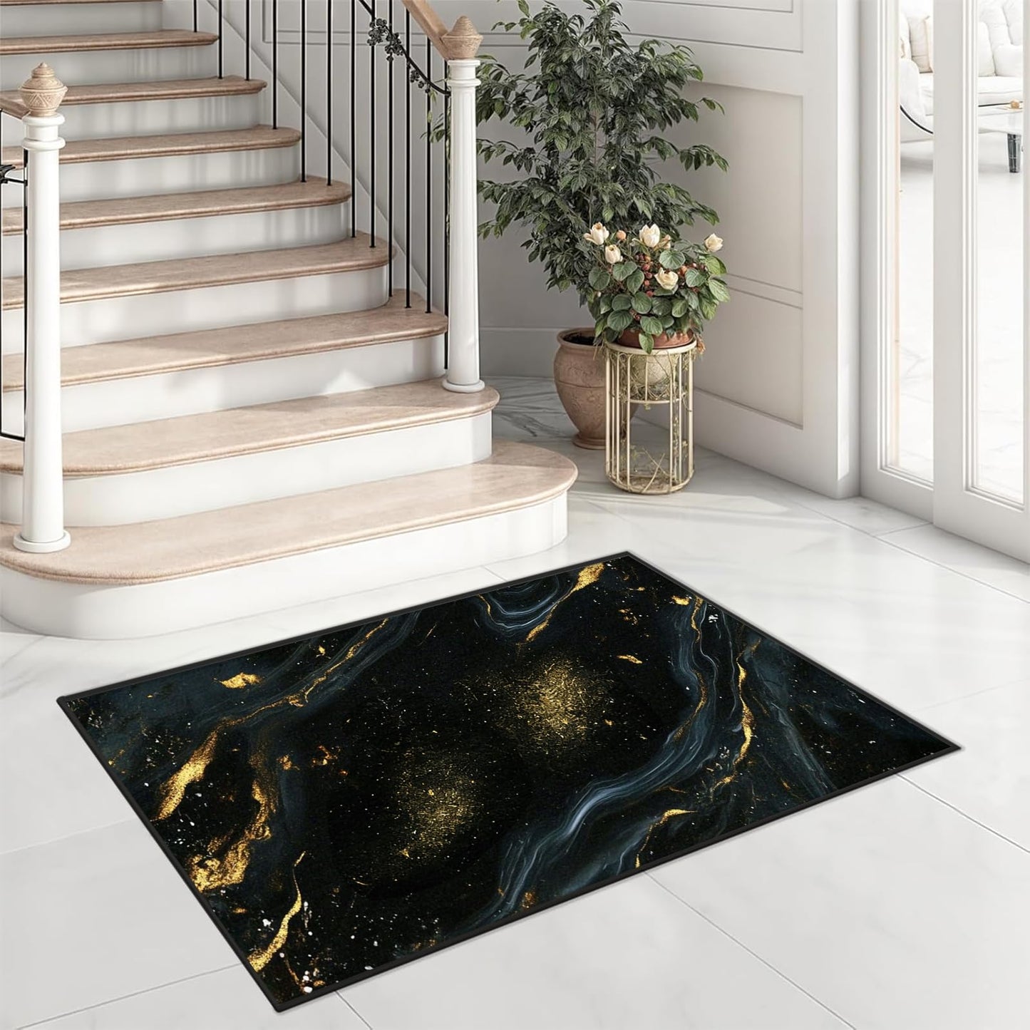 Lveesto 2'x3' Black and Gold Area Rug, Marble Rug for Living Room Bedroom and Dining Room, Modern Washable Abstract Carpet Bedside Floor Mat for Home Decor