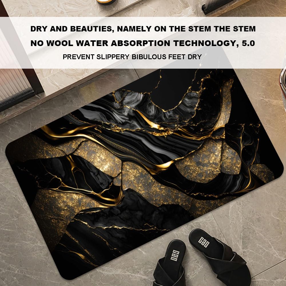 ZHUZHISHAN Bath Mat-Bathroom Rug，Black and Metallic Gold Marble-Absorbent Non Slip Quick Dry Stain Resistant Easy to Clean Care Shower Rug for Bathtub Shower Room 16×24Inch (40 * 60cm)