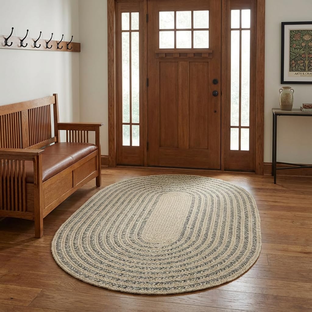 Cotton Braided Rug - 3' X 5' Beige and Charcoal Oval Woven Farmhouse Rug for Kitchen - Braided Minimalist Rugs for Entryway - Rustic Primitive Rugs for Bedside