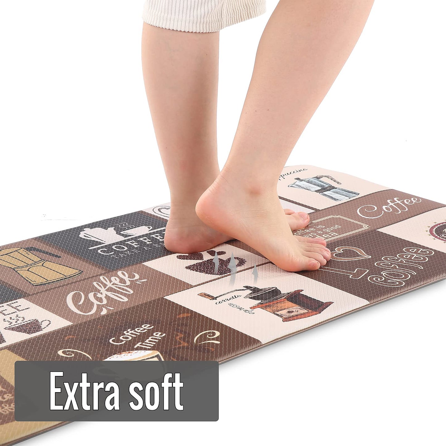 PCSWEET HOME Coffee Kitchen Mats Sets 2 Piece Cushioned Anti Fatigue Kitchen Rugs,Farmhouse Kitchen Rugs Waterproof Non-Slip Comfort Mat for Kitchen, Home, Office, Laundry (Light Coffee)