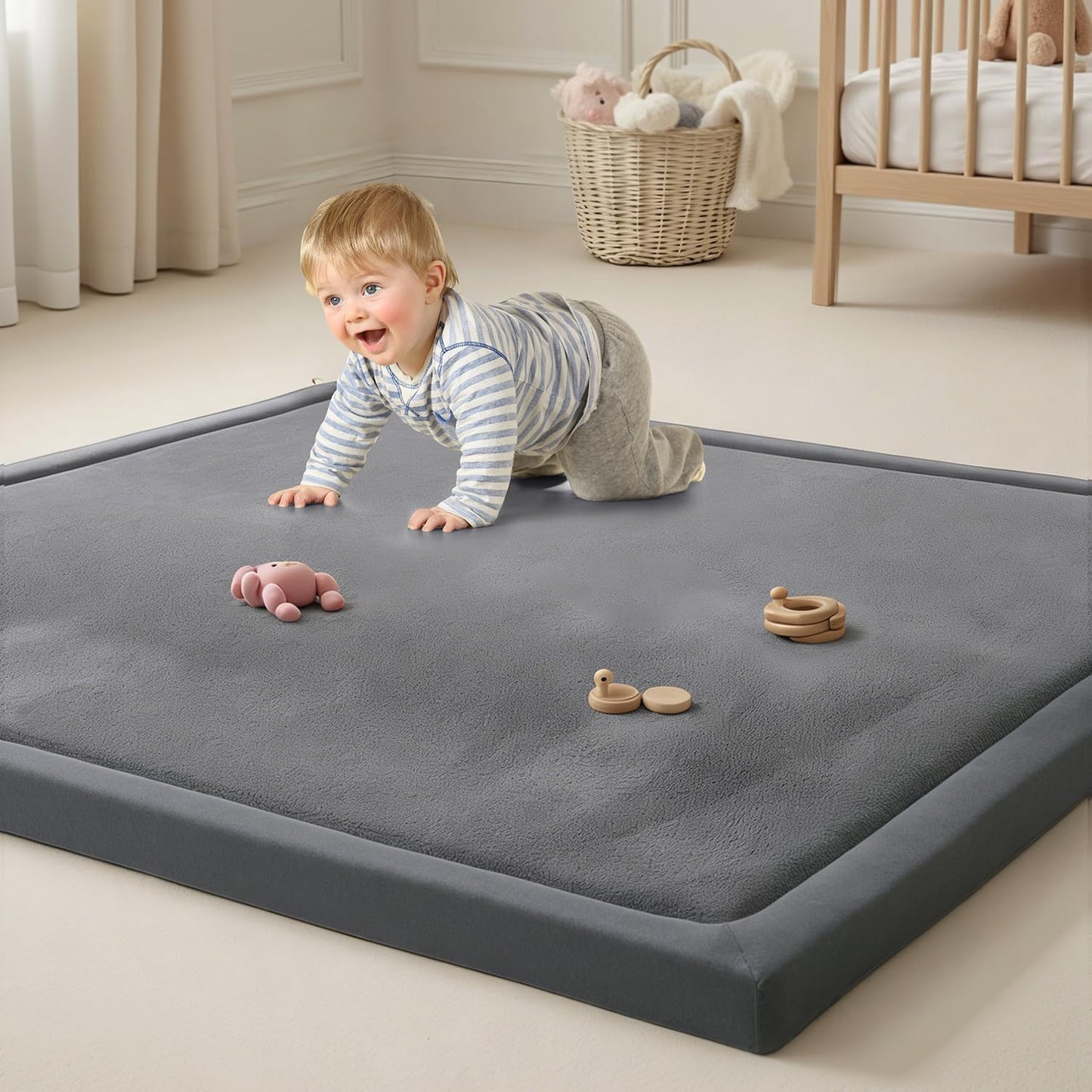 Goyuu Soft Baby Play Mat for Floor, 50x50 Playpen Mat Elasti-Foam Padded 1.3" Thick Crawling Nursery Mat, Non-Slip Backing for Toddlers Infant, Water-Repellent Coral Velvet Tummy Time Mat
