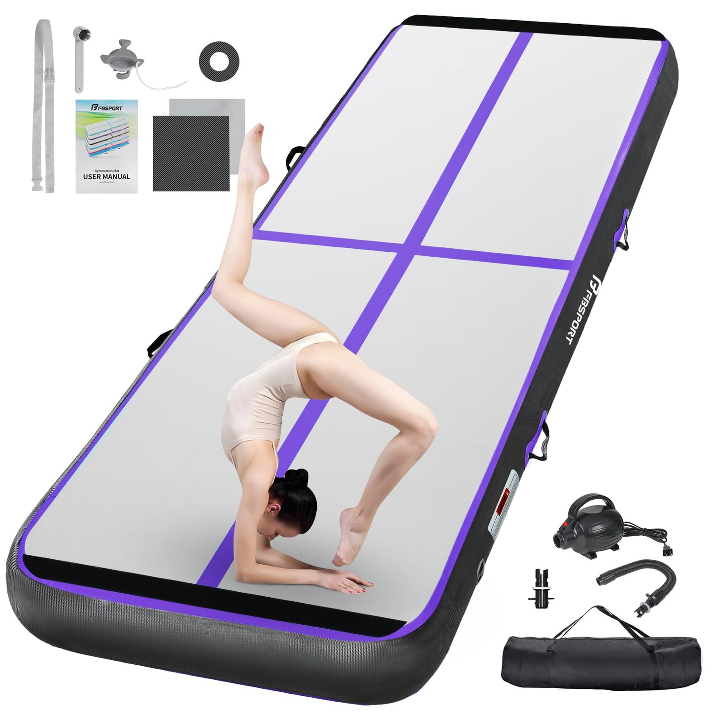 FBSPORT 10ft Inflatable Air Gymnastics Mat Training Mats 8 inches Thickness Gymnastics Tracks for Home Use/Training/Cheerleading/Yoga/Water with Pump