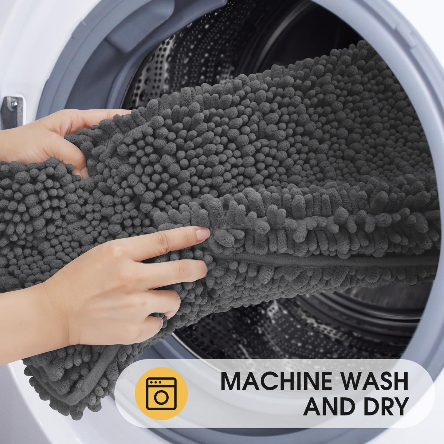 ACCUMTEK Upgrade Extra Large Grey Bathroom Rug Set 3 Pieces Gray Ultra Soft, Thick Absorbent Bath Mats, Non Slip Chenille Toilet Mat for Bathroom, Bedroom, Kitchen, Charcoal