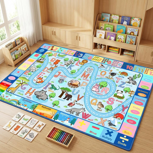 HBUFBUQ 4.5x6 Feet Kids Rugs for Playroom Bedroom, Educational ABC Alphabet Area Rug with Animals Numbers Seasons, Washable Play Mat for Classroom Nursery, Boys Girls Non Slip Learning Carpet