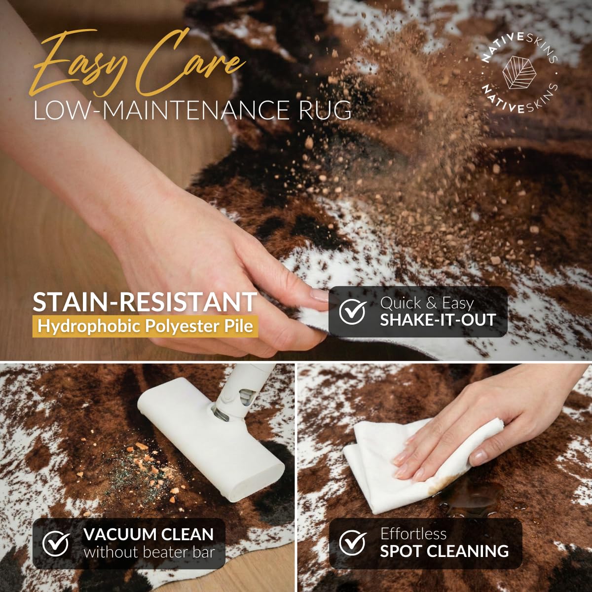 NativeSkins Faux Cowhide Rug 4'3" x 5'7" – Brown Cow Print Area Rug for Living Room & Bedroom – Non-Shedding, Flat-Lay, Pet-Friendly – Faux Suede Grip Backing – Vegan Western Farmhouse Decor