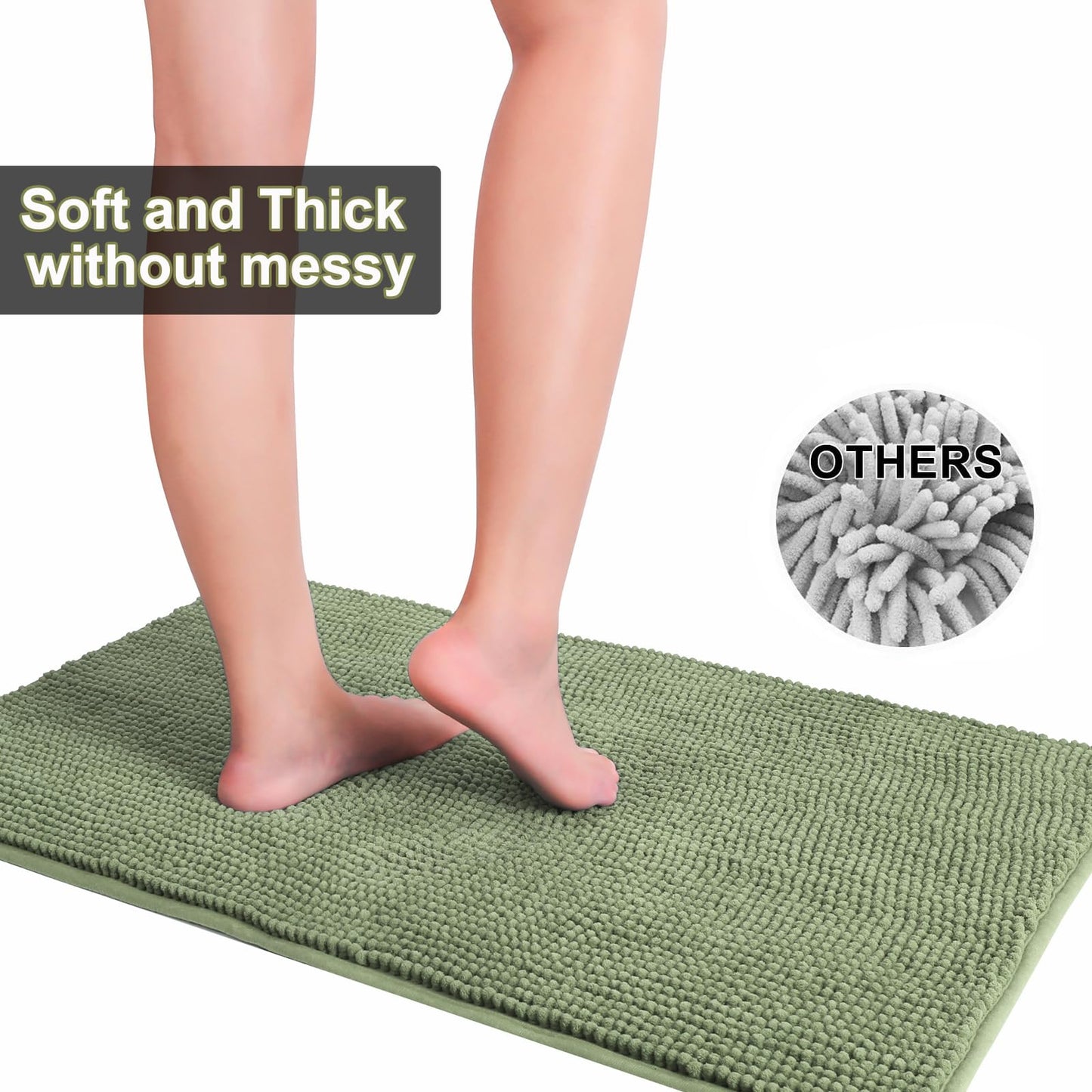 Urvoix Bathroom Rugs Sets 3 Piece, Non-Slip Chenille Bath Rug - Ultra Soft, Washable, Super Absorbent Bath Mat for Bathroom, Toilet and Tub (Sage Green)