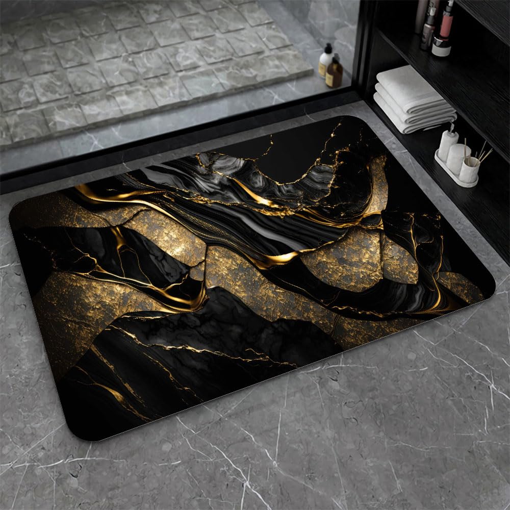 ZHUZHISHAN Bath Mat-Bathroom Rug，Black and Metallic Gold Marble-Absorbent Non Slip Quick Dry Stain Resistant Easy to Clean Care Shower Rug for Bathtub Shower Room 16×24Inch (40 * 60cm)