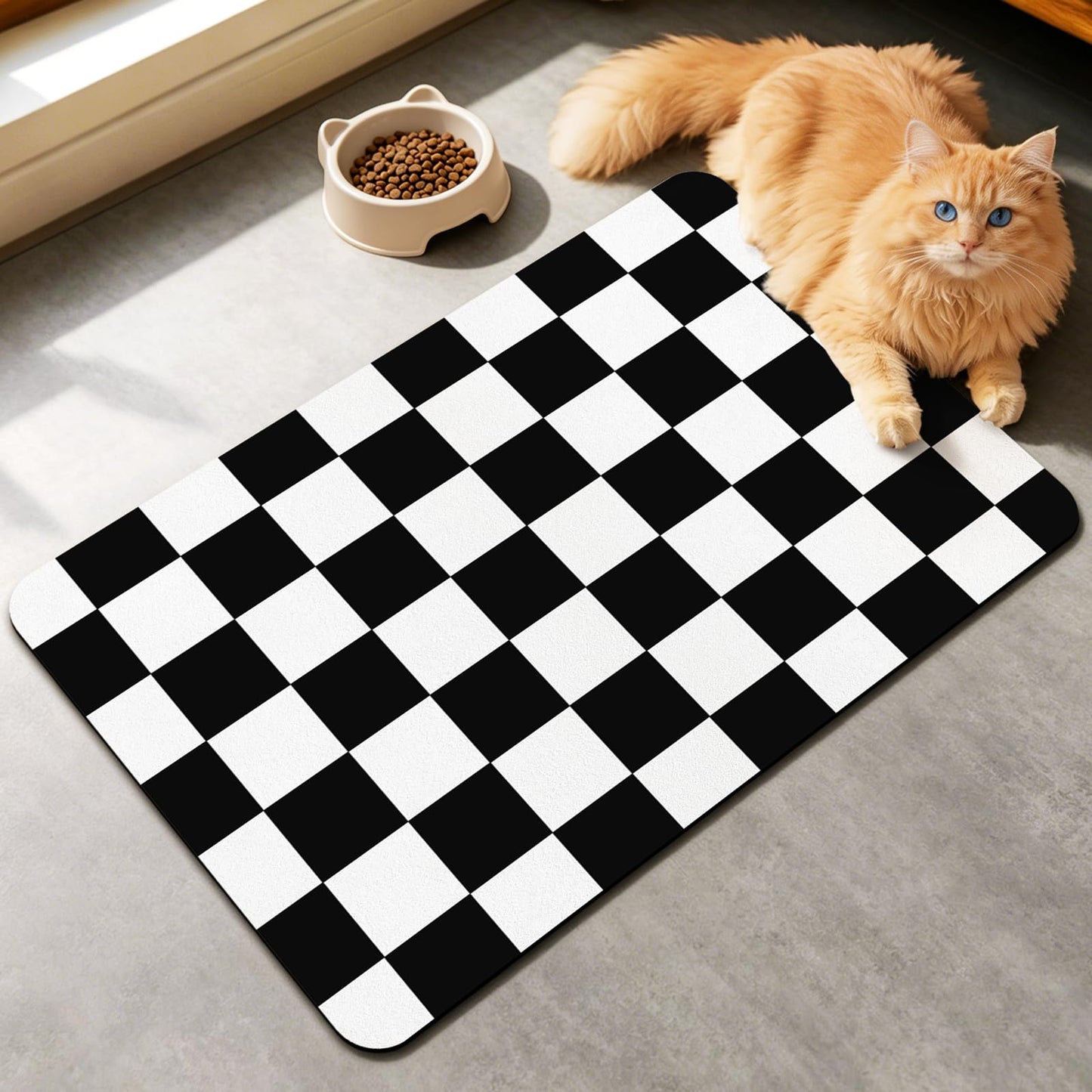Focysep Absorbent Checkered Dog Food Mat, Leakproof Quick-Dry Pet Feeding Mat Cat Food Mat 24" x 16"Black for Food & Water Bowls, Easy-Clean Pet Bowl Mat for Dogs & Cats, Kitchen, Home or RV Use