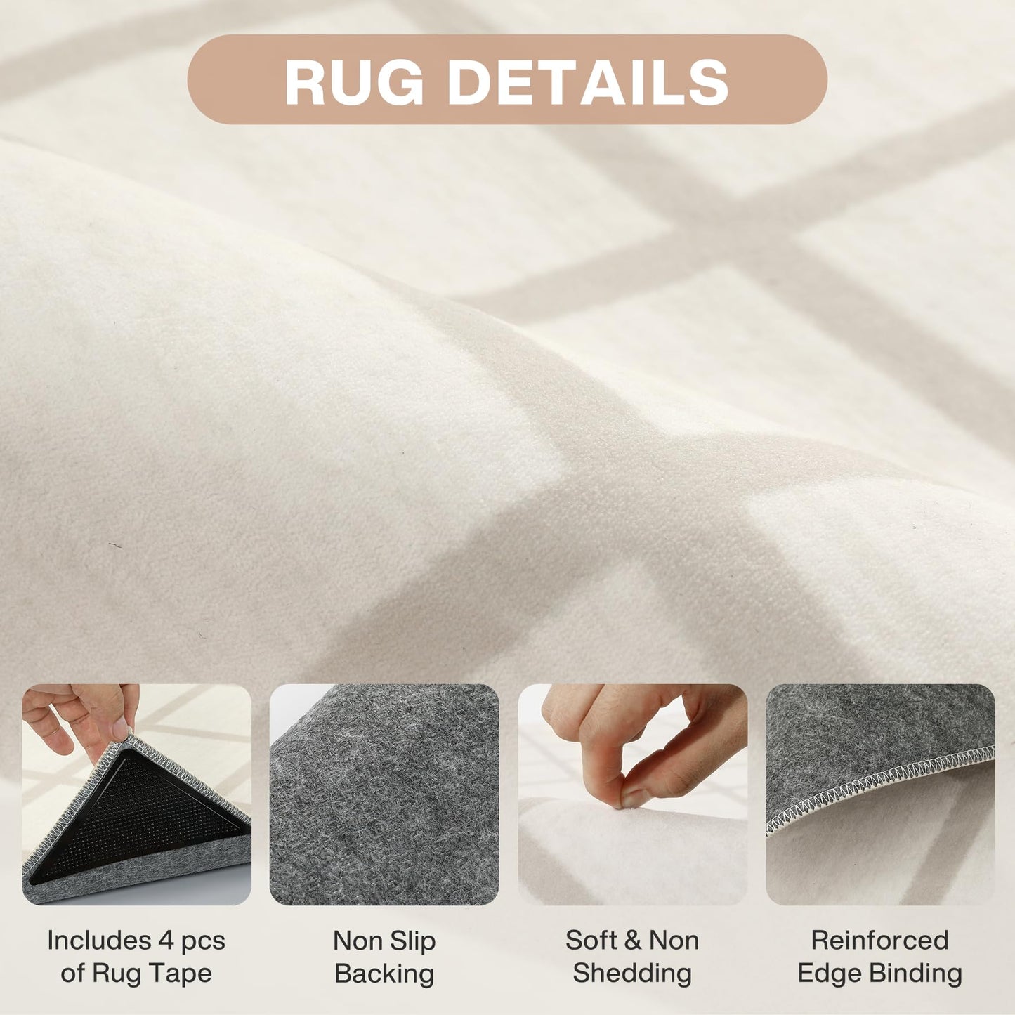 Tribesigns 8x10 Washable Area Rug, Soft Cream Modern Plaid Geometric Bedroom Rug, Non-Slip Low Pile Indoor Carpet for Living Room, Dining Room, Dorm, Office & Playroom, Oeko-TEX Certified