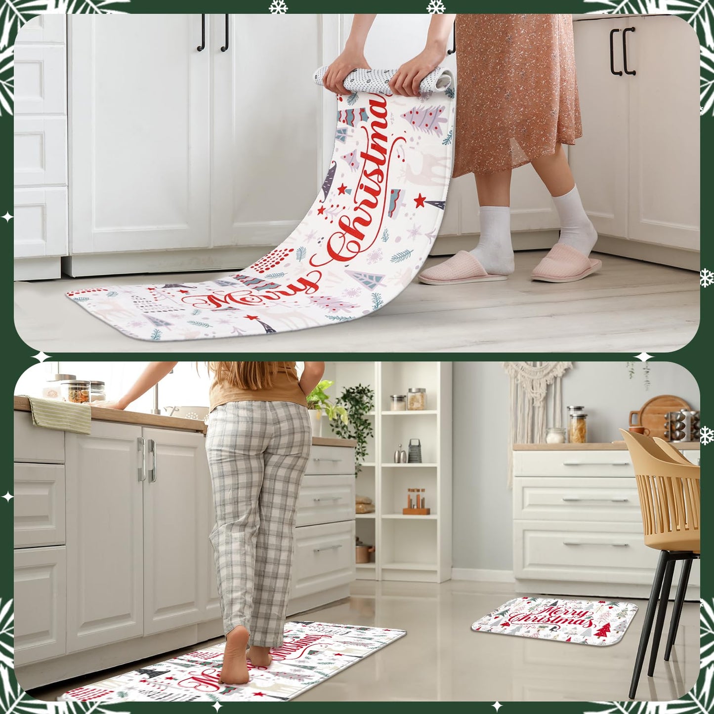2 Pcs Merry Christmas Kitchen Rugs and Mats Non Slip Christmas Tree Kitchen Rugs Seasonal Winter Xmas Floor Mats for Holiday Indoor Outdoor Home Farmhouse Entryway Decorations, 17x47 and 17x29 Inch
