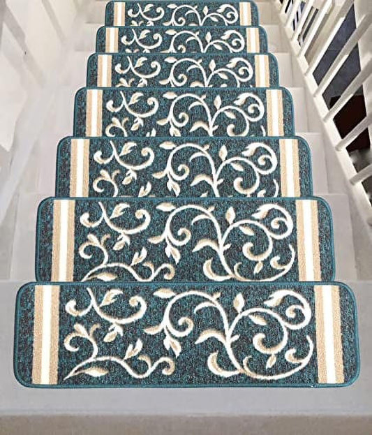 Gloria Non Slip Rubber Back Pet Friendly Floral Design Carpet Stair Treads Stairway mats (13, Greenish Teal)