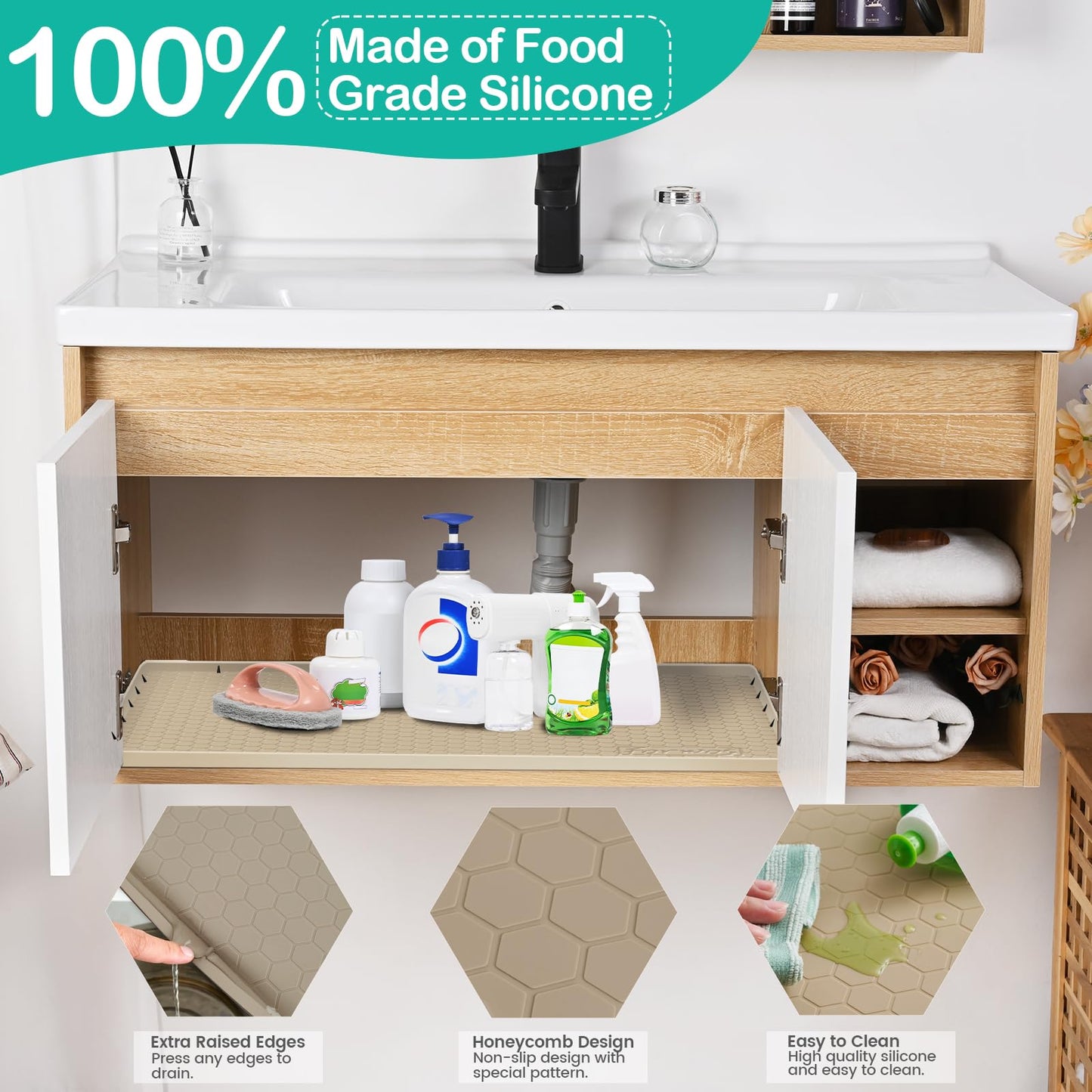 FORWOS Waterproof Under Sink Mat 22" x 19", Silicone Cabinet Liner, Rubber Protector for Kitchen and Bathroom, Keeps Cabinets Clean, Dry, and Organized (Khaki)