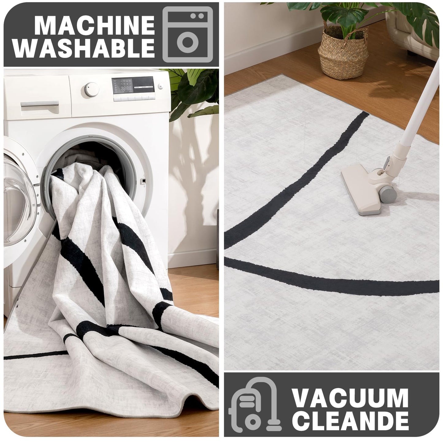 YIHOUSE 5x7 Washable Living Room Rug - Modern Abstract Black and White Area Rug Non-Slip for Bedroom Home Office (Curve, 5'x7'ft)