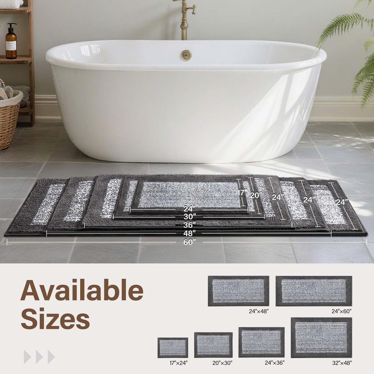 simpWalnut Long 2x4 Ft (48''x24'') Runner Rug for Bathroom,Non Slip Washable Large Kitchen Rugs Bath Rugs, Soft Absorbent Quick Dry Bath Mats for Shower, Hallway,Laundry, Tub(Grey)